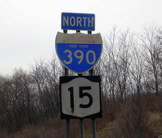 New York - Interstate 390 and State Highway 15 sign.