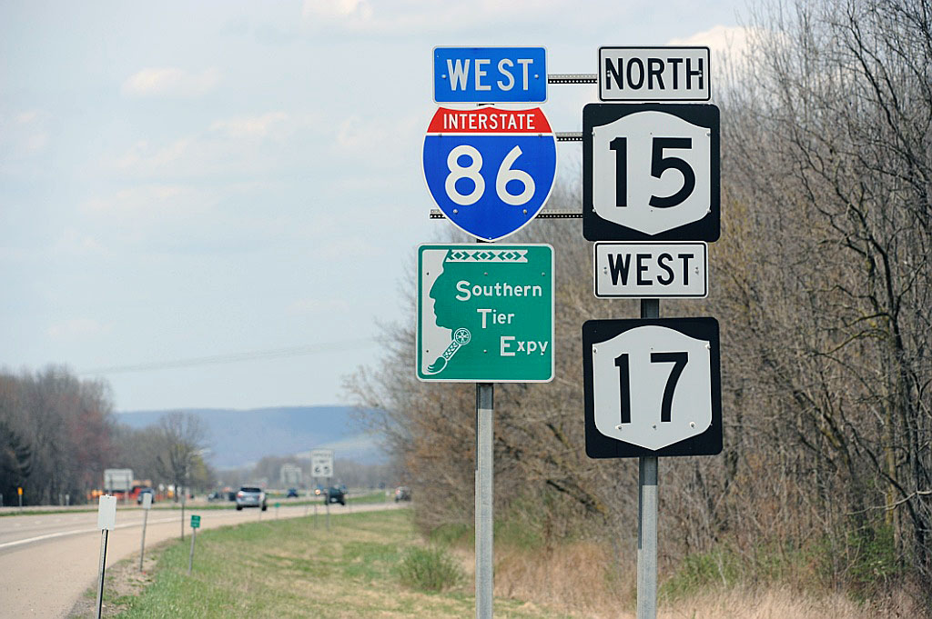 New York - Southern Tier Expressway, State Highway 15, State Highway 17, and Interstate 86 sign.