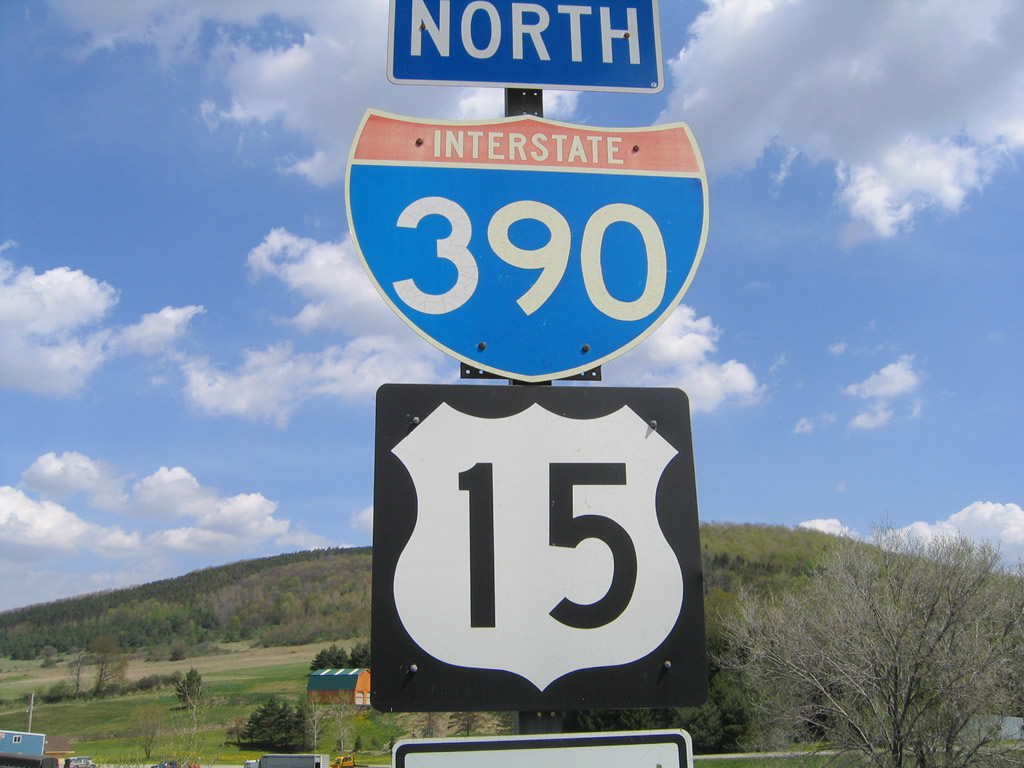 New York - U.S. Highway 15 and Interstate 390 sign.