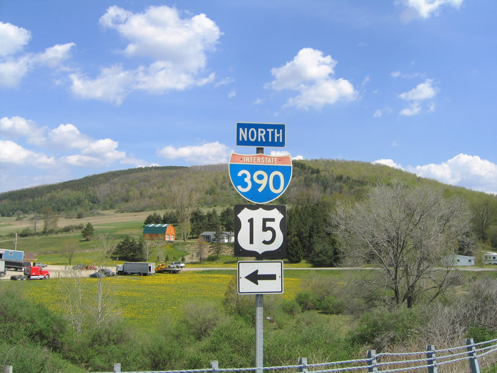 New York - U.S. Highway 15 and Interstate 390 sign.