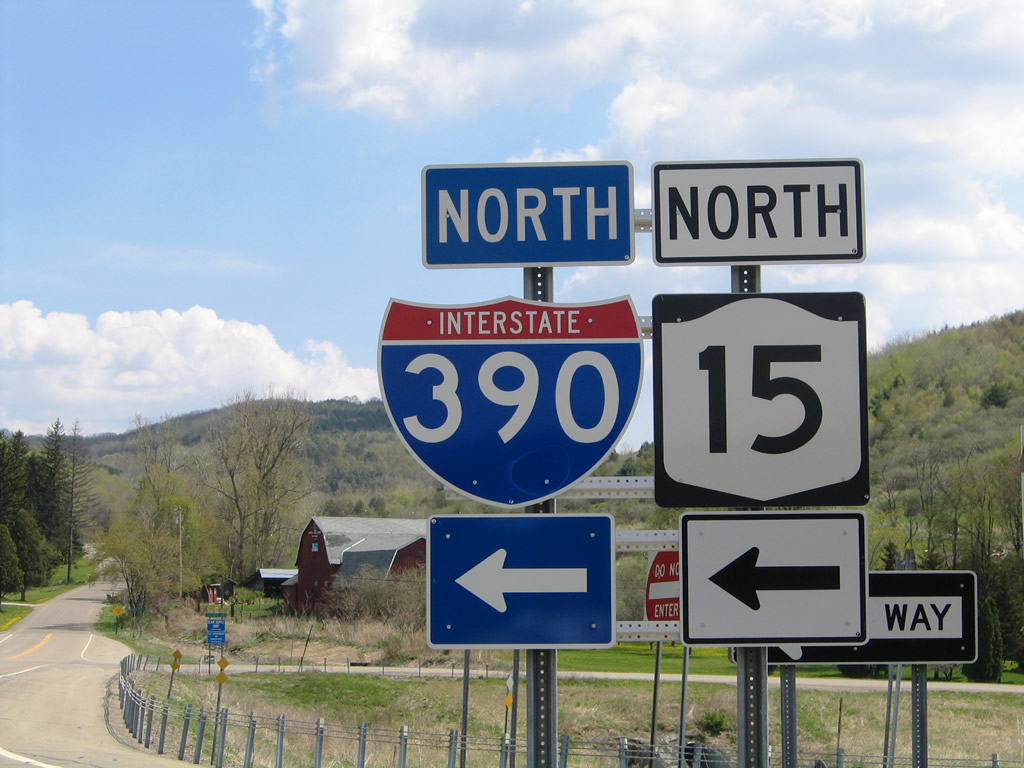 New York - State Highway 15 and Interstate 390 sign.