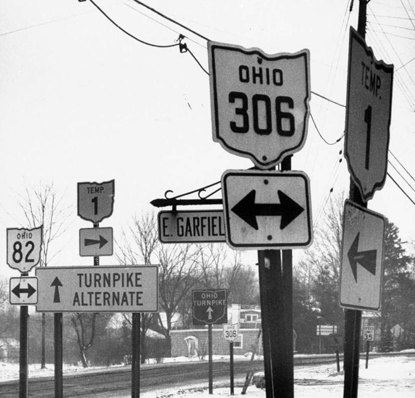 Ohio - Ohio Turnpike, State Highway 82, temporary state highway 1, and State Highway 306 sign.