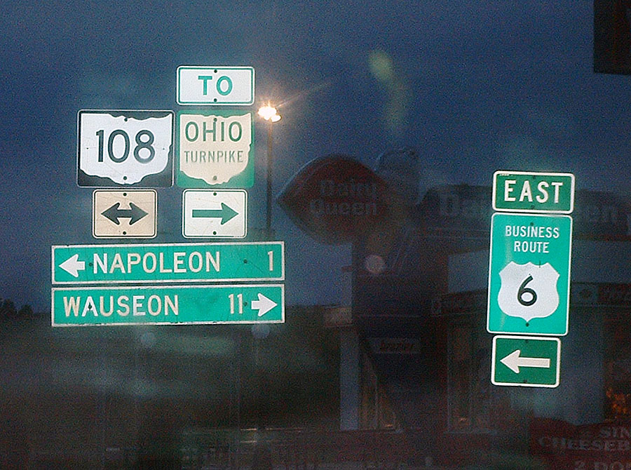 Ohio - State Highway 108, Ohio Turnpike, and U.S. Highway 6 sign.