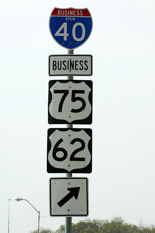 Oklahoma - business spur 40, U.S. Highway 62, and U.S. Highway 75 sign.