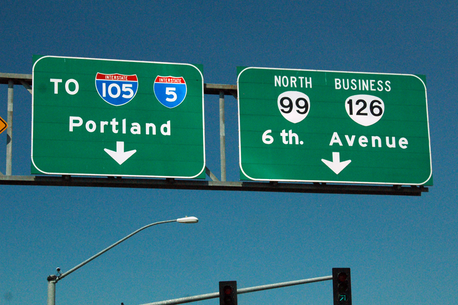 Oregon - State Highway 126, State Highway 99, Interstate 5, and Interstate 105 sign.