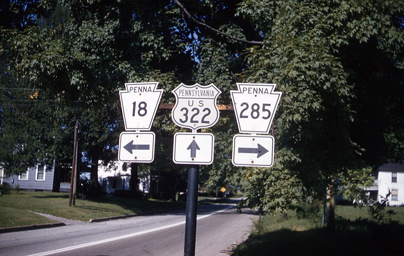 Pennsylvania - U.S. Highway 322, State Highway 285, and State Highway 18 sign.