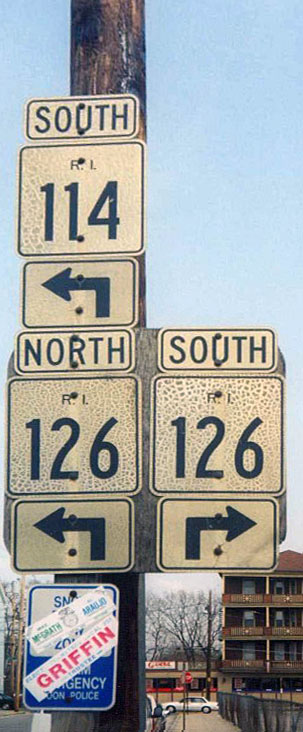 Rhode Island - State Highway 126 and State Highway 114 sign.