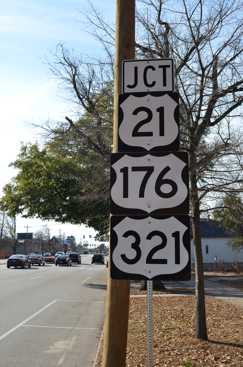South Carolina - U.S. Highway 21, U.S. Highway 176, and U.S. Highway 321 sign.