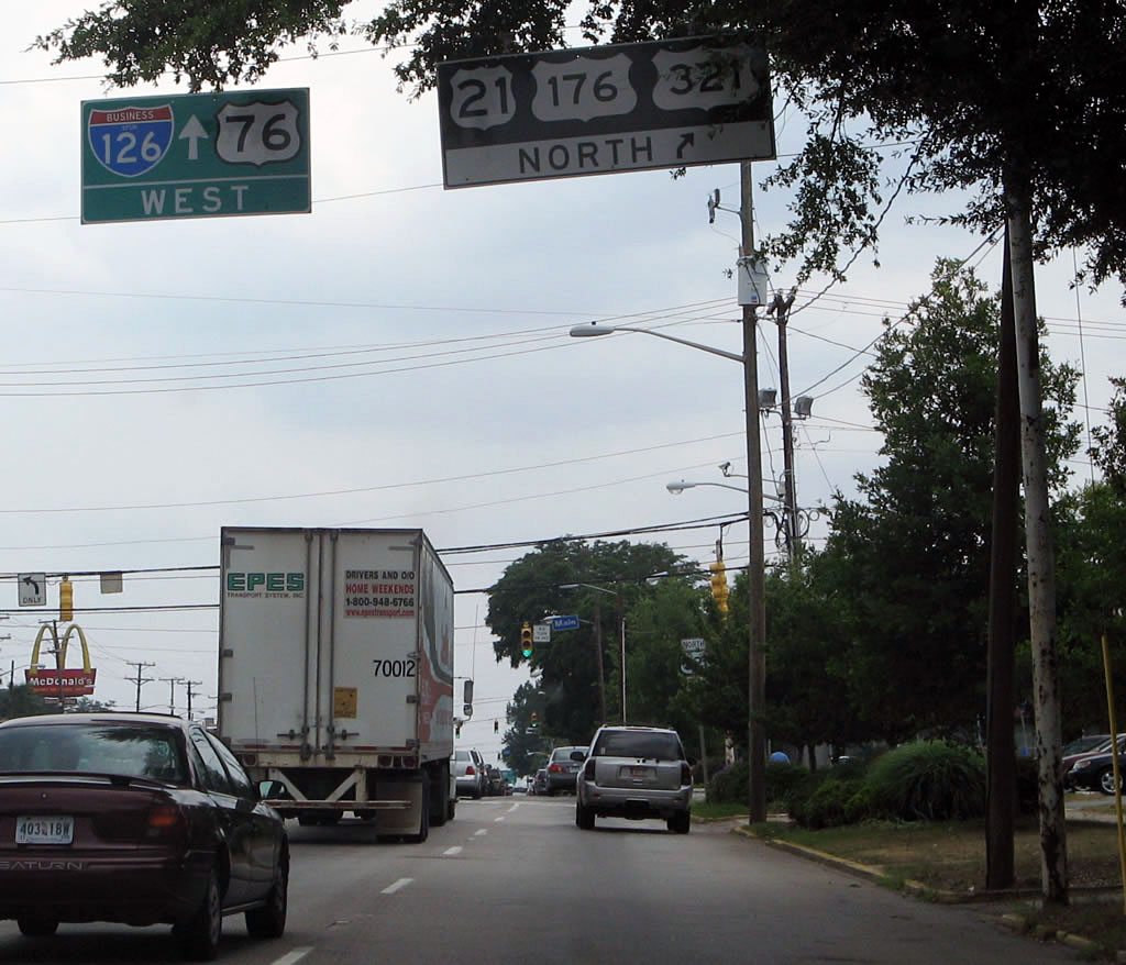 South Carolina - U.S. Highway 321, U.S. Highway 176, U.S. Highway 21, U.S. Highway 76, and Interstate 126 sign.