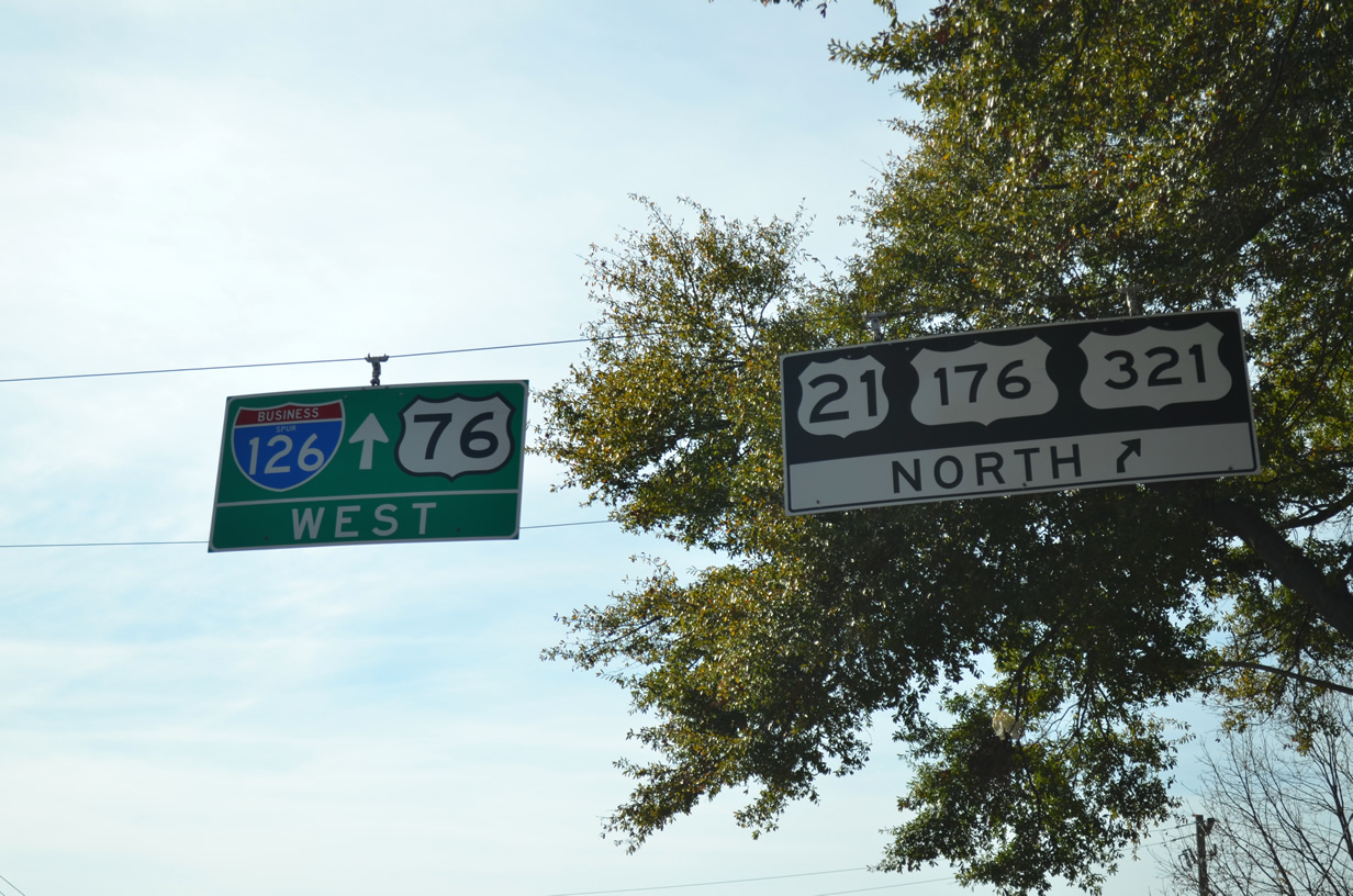 South Carolina - U.S. Highway 321, U.S. Highway 176, U.S. Highway 21, U.S. Highway 76, and Interstate 126 sign.