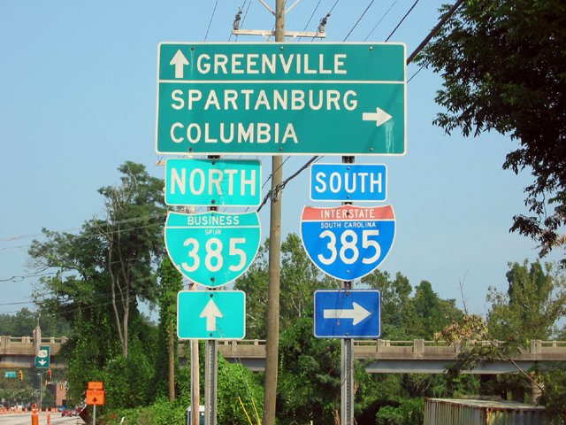 South Carolina - Interstate 385 and business spur 385 sign.