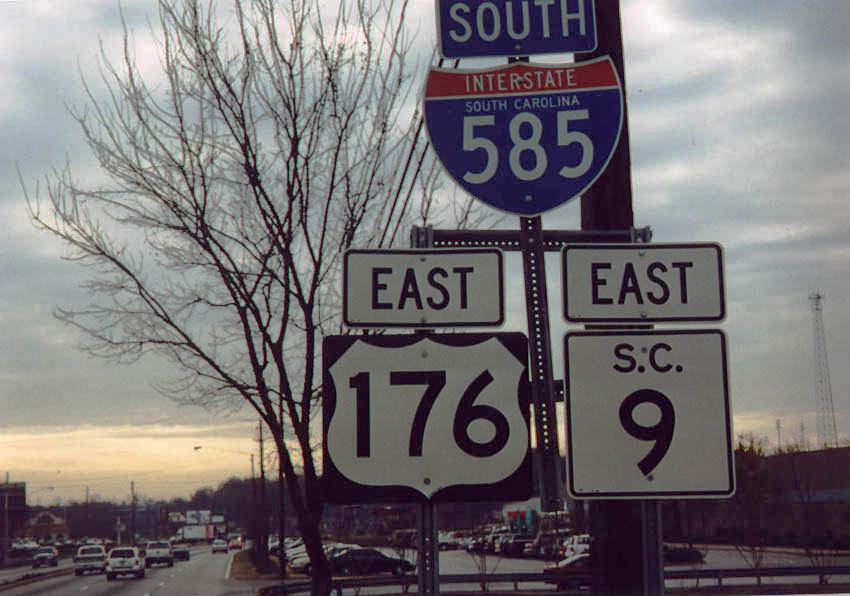 South Carolina - State Highway 9, U.S. Highway 176, and Interstate 585 sign.