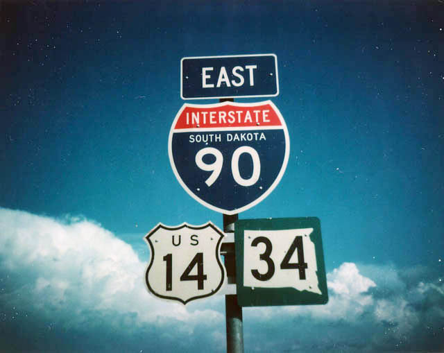 South Dakota - Interstate 90, U.S. Highway 14, and State Highway 34 sign.