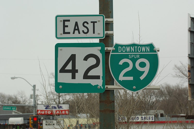 South Dakota - State Highway 42 and downtown spur 29 sign.