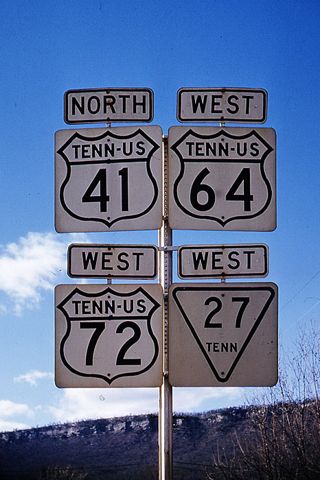 Tennessee - State Highway 27, U.S. Highway 72, U.S. Highway 64, and U.S. Highway 41 sign.