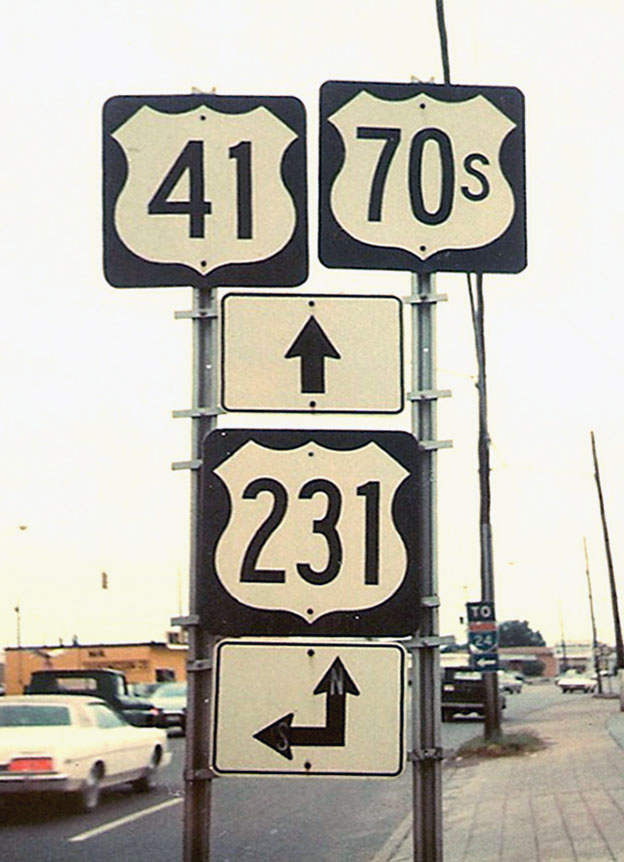 Tennessee - U.S. Highway 231, U.S. Highway 70S, and U.S. Highway 41 sign.