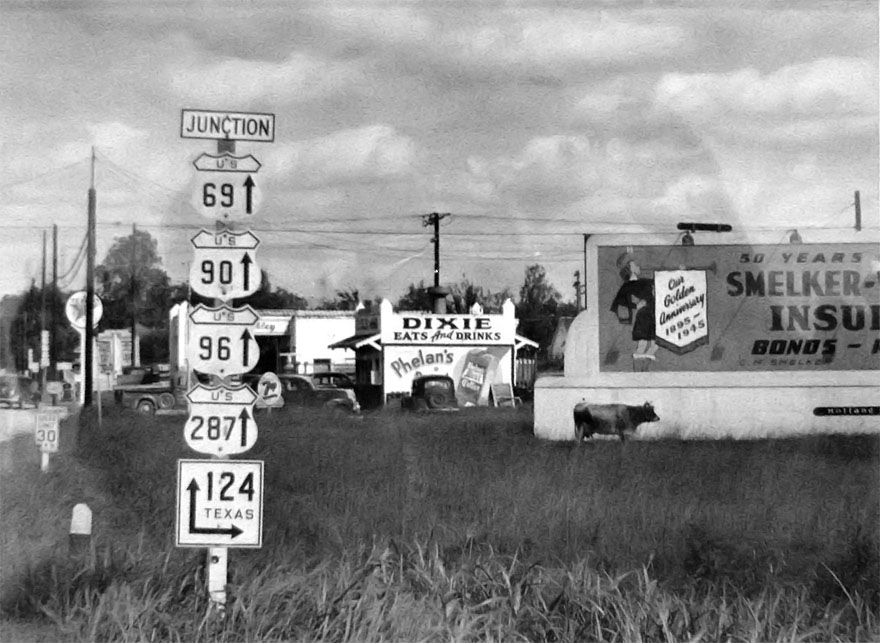 Texas - State Highway 124, U.S. Highway 287, U.S. Highway 96, U.S. Highway 90, and U.S. Highway 69 sign.
