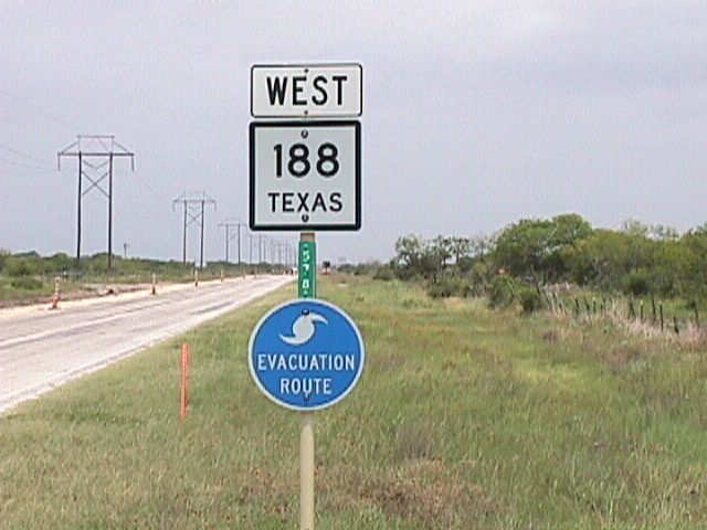 Texas - hurricane evacuation route and State Highway 188 sign.