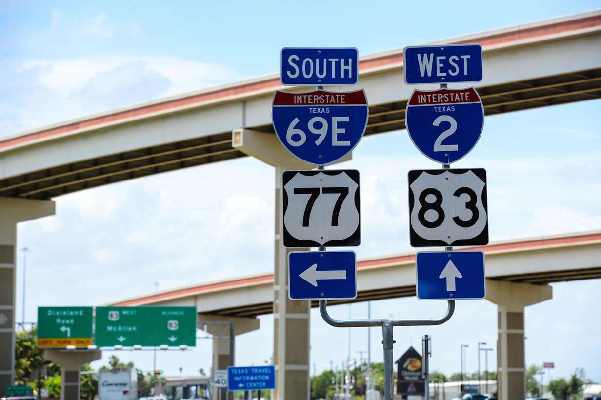 Texas - U.S. highway 77, U.S. highway 83, interstate 69e, and interstate 2 sign.