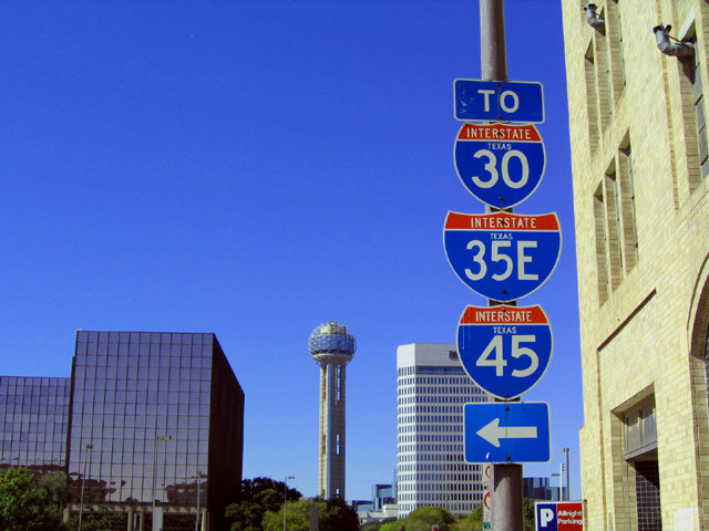 Texas - interstate highway 35E, Interstate 45, and Interstate 30 sign.