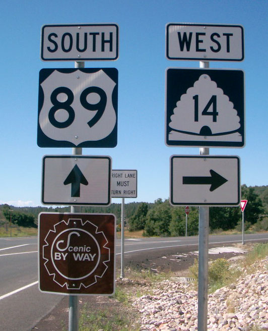 Utah - U.S. Highway 89, State Highway 14, and scenic by-way sign.