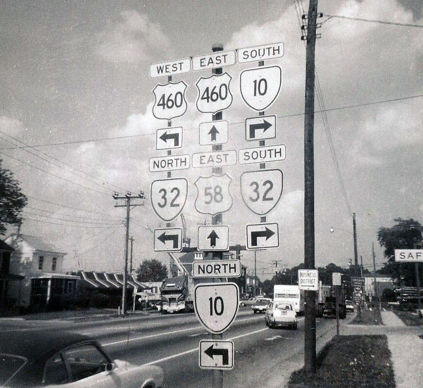 Virginia - U.S. Highway 58, State Highway 32, State Highway 10, and U.S. Highway 460 sign.