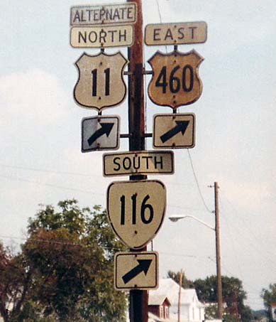 Virginia - State Highway 116, U.S. Highway 460, and U.S. Highway 11 sign.