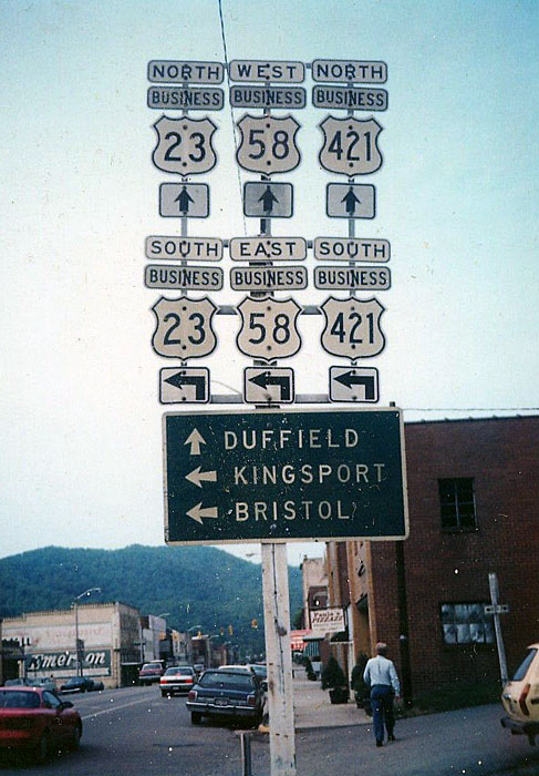 Virginia - U.S. Highway 421, U.S. Highway 58, and U.S. Highway 23 sign.