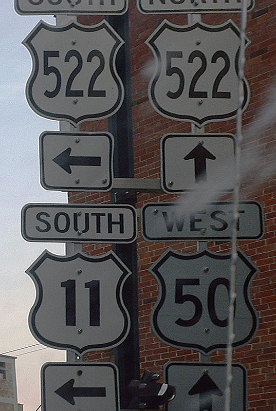 Virginia - U.S. Highway 50, U.S. Highway 11, and U.S. Highway 522 sign.