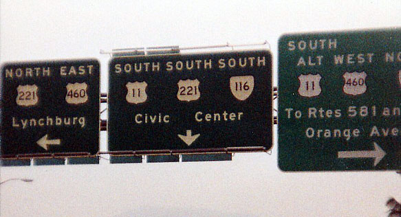 Virginia - U.S. Highway 460, State Highway 116, U.S. Highway 221, and U.S. Highway 11 sign.