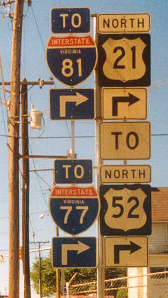 Virginia - U.S. Highway 21, U.S. Highway 52, Interstate 77, and Interstate 81 sign.