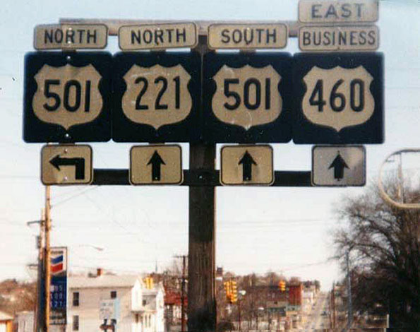 Virginia - U.S. Highway 221, U.S. Highway 501, and U.S. Highway 460 sign.