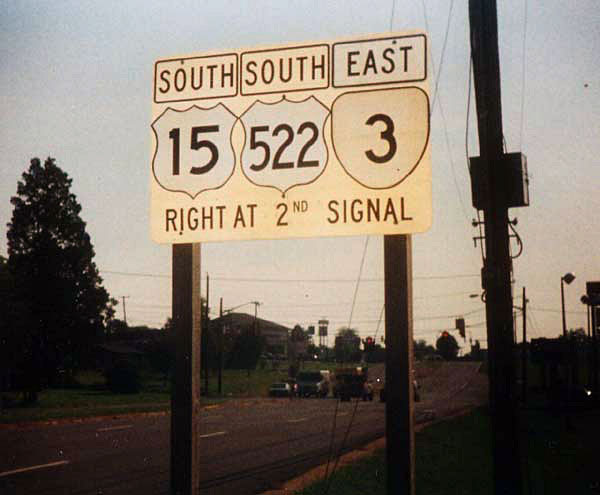Virginia - State Highway 3, U.S. Highway 522, and U.S. Highway 15 sign.