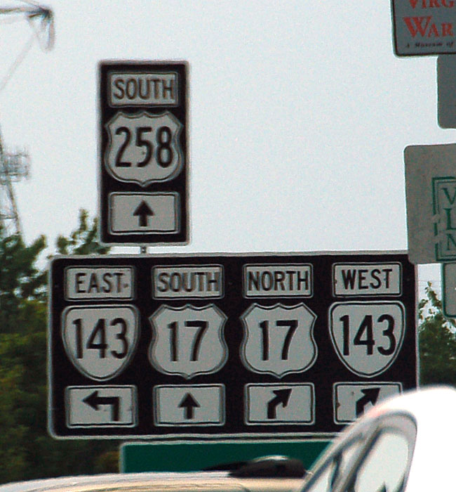 Virginia - State Highway 143, U.S. Highway 258, and U.S. Highway 17 sign.