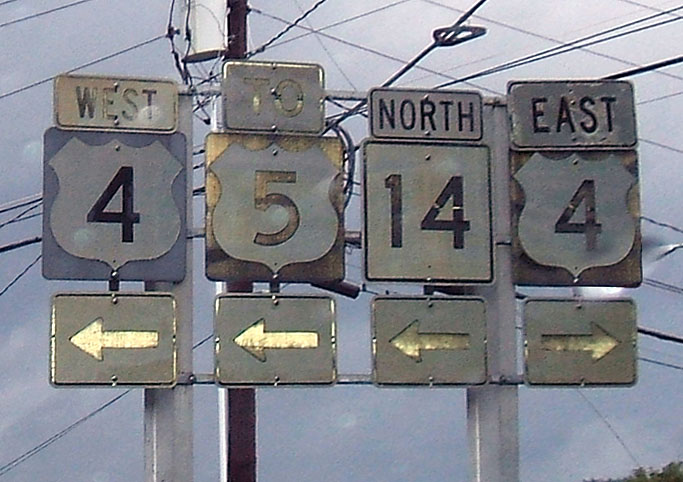 Vermont - State Highway 14, U.S. Highway 5, and U.S. Highway 4 sign.