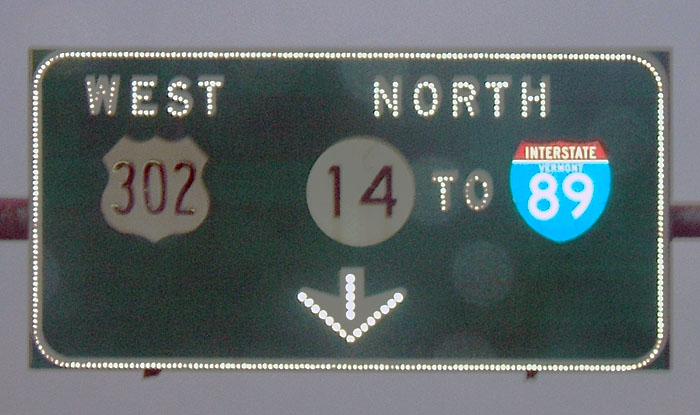 Vermont - Interstate 89, State Highway 14, and U.S. Highway 302 sign.
