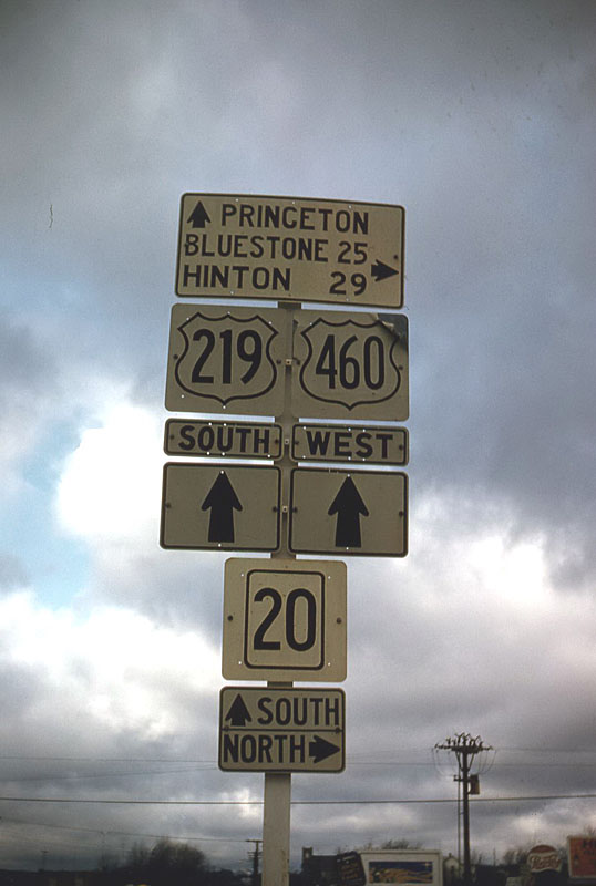 West Virginia - State Highway 20, U.S. Highway 460, and U.S. Highway 219 sign.