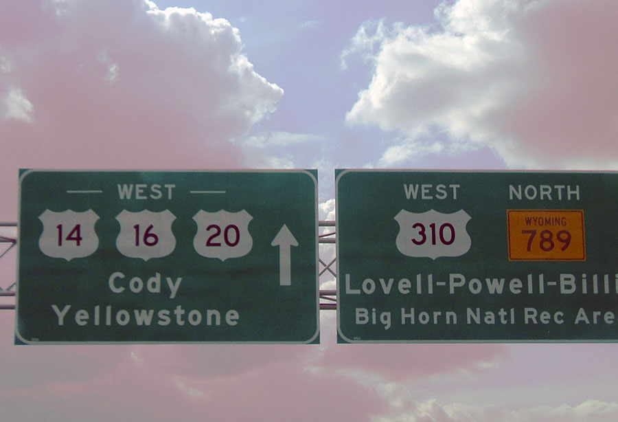 Wyoming - State Highway 789, U.S. Highway 310, U.S. Highway 20, U.S. Highway 16, and U.S. Highway 14 sign.